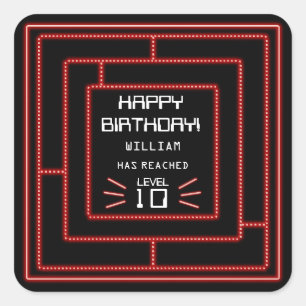 レトロアーケードビデオゲームネオン子供の誕生日 スクエアシール