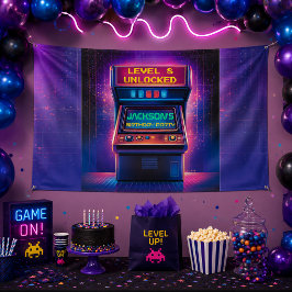 レトロアーケードレベルアップ誕生日パーティーバナー 横断幕
