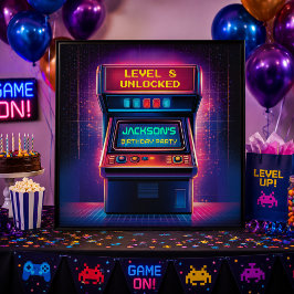レトロアーケードレベルアップ誕生日パーティーポスター ポスター