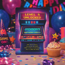 レトロアーケードレベルアップ誕生日パーティー招待状