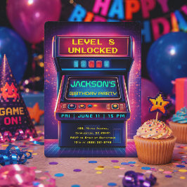 レトロアーケードレベルアップ誕生日パーティー招待状 箔招待状