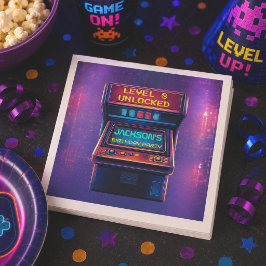 レトロアーケードレベルアップ誕生日パーティー用ナプキン スタンダードカクテルナプキン
