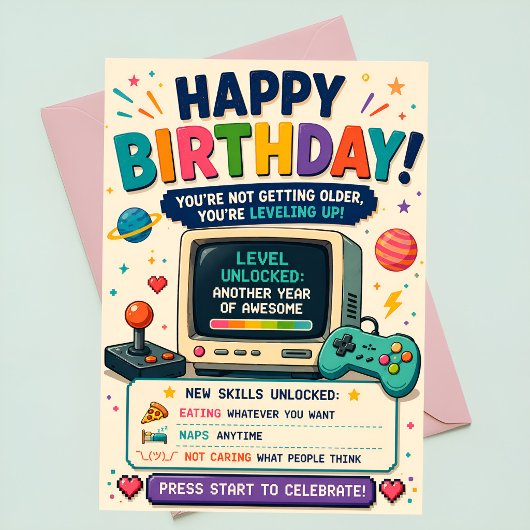 レトロアーケード風ゲーマー誕生日カード「レベルアップ」 カード