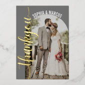 レトロアーチエレガントなウェディングフォトサンキューカード 箔招待状 (正面)