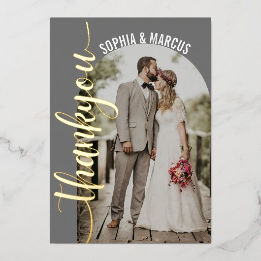 レトロアーチエレガントなウェディングフォトサンキューカード 箔招待状 (正面)