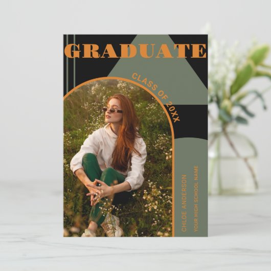 レトロアーチグリーン&オレンジ写真卒業 招待状 (スタンド正面)