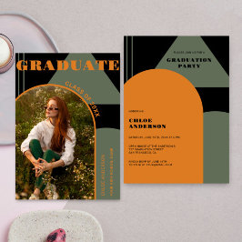 レトロアーチグリーン&オレンジ写真卒業 招待状