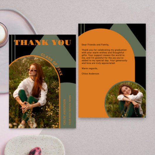 レトロアーチグリーン&オレンジ2写真卒業 サンキューカード