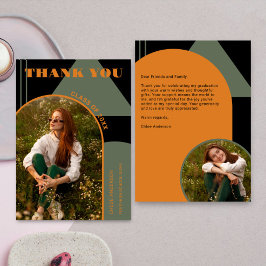 レトロアーチグリーン&オレンジ2写真卒業 サンキューカード