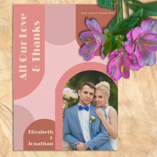 レトロアーチコーラルピンク結婚ズ サンキューカード