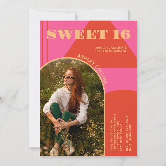 レトロアーチピンク&オレンジフォトスイート16誕生日 招待状 (正面)
