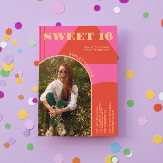 レトロアーチピンク&オレンジフォトスイート16誕生日 招待状