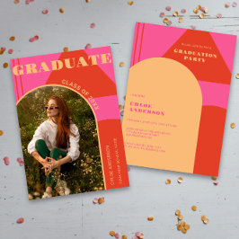 レトロアーチピンク&オレンジ写真卒業 招待状