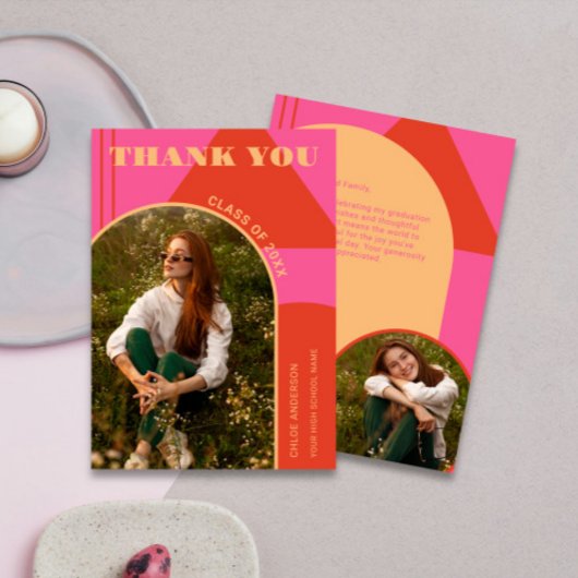 レトロアーチピンク&オレンジ2写真卒業 サンキューカード