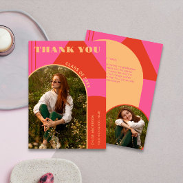 レトロアーチピンク&オレンジ2写真卒業 サンキューカード