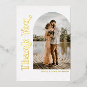 レトロアーチフォト結婚フォイルのサンキューカード 箔招待状 (正面)