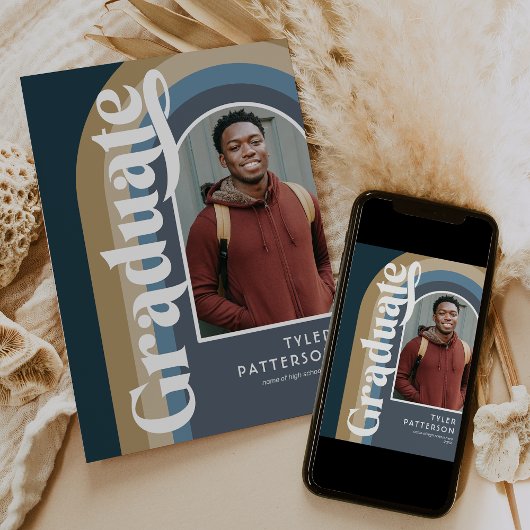 レトロアーチブルーフォト2025卒業 案内状