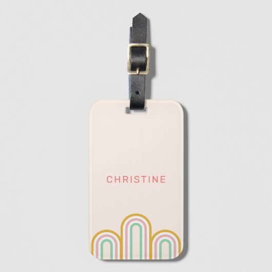 レトロアーチ型ストライプパステルピンクミニマルク ラゲッジタグ (正面縦)