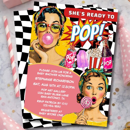 レトロアートのソーダガールのベビーシャワー She's Ready To Pop 招待状