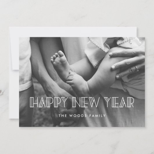 レトロアートデコハッピーニューイヤーホリデーフォトカード シーズンカード (正面)