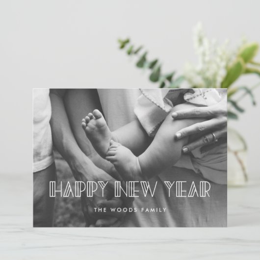 レトロアートデコハッピーニューイヤーホリデーフォトカード シーズンカード (スタンド正面)