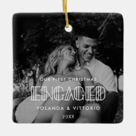 レトロアートデコ私たちの初めてのクリスマス婚約した写真 セラミックオーナメント
