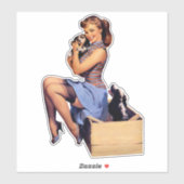 レトロアートブルネットピンアップガールと子犬 シール (シート)