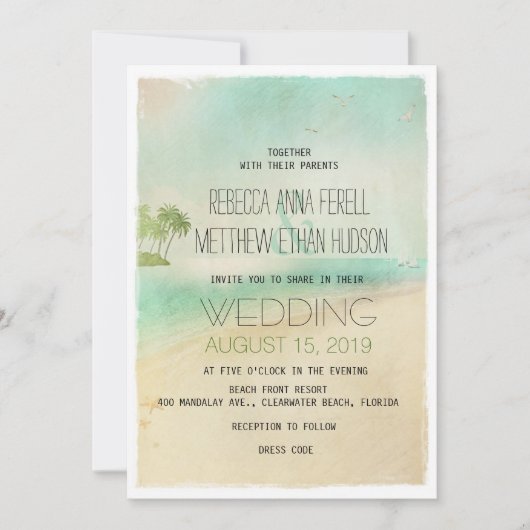 レトロアートヴィンテージ平和的ビーチ結婚式招待状 招待状 (正面)