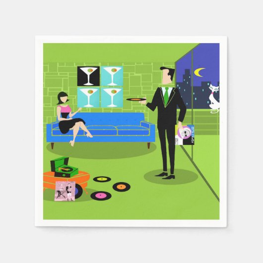 レトロアーバンカートゥーンカップルペーパーナプキン スタンダードカクテルナプキン (正面)