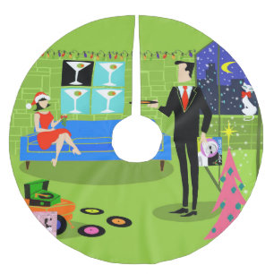 レトロアーバンクリスマスカップルのクリスマスツリースカート ブラッシュドポリエステルツリースカート