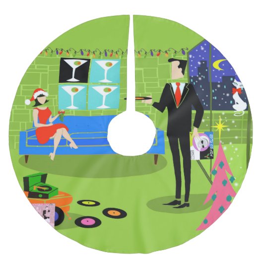 レトロアーバンクリスマスカップルのクリスマスツリースカート ブラッシュドポリエステルツリースカート (正面)