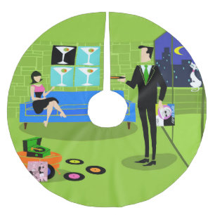 レトロアーバン漫画カップルクリスマスツリースカート ブラッシュドポリエステルツリースカート