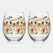 レトロアールデコドラゴンフライ、ピンクのバラ ステムなしワイングラス (正面)