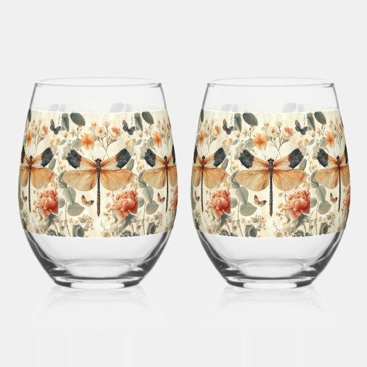 レトロアールデコドラゴンフライ、ピンクのバラ ステムなしワイングラス (正面)