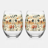 レトロアールデコドラゴンフライ、ピンクのバラ ステムなしワイングラス (左)