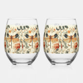 レトロアールデコドラゴンフライ、ピンクのバラ ステムなしワイングラス (右)