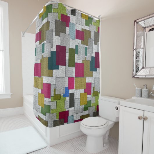 レトロアールデコパターンパープルブルーグレー シャワーカーテン (インサイチュ)