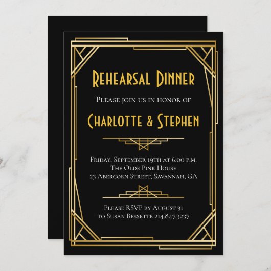 レトロアールデコ素晴らしギャツビー金ゴールド&ブラック結婚ズ 招待状 (正面/裏面)