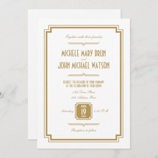 レトロアールデコ金ゴールドカラーホワイト結婚式招待状 招待状 (正面/裏面)