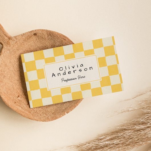 レトロイエロークリームウェーブボ市松模様にホパステル 名刺