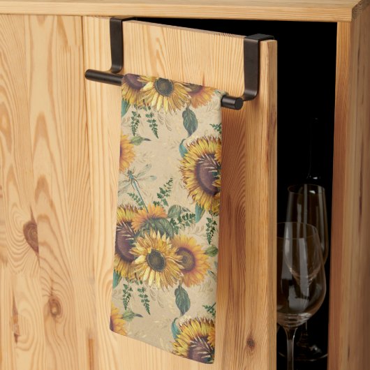 レトロイエローサンフラワーズブーケドラゴンフライ キッチンタオル (三つ折り)