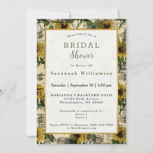 レトロイエローサンフラワー新聞社ブライダルシャワー 招待状 (正面)