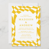 レトロイエローチェッカーボードフォト結婚ズ 招待状 (正面)