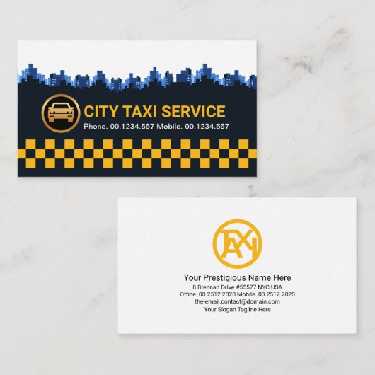 レトロイエローチェックボックスシティシルエットタクシー運転手 名刺 (正面/裏面)