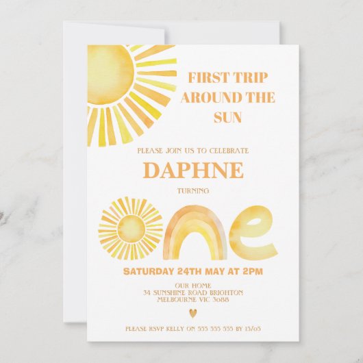 レトロイエローファーストのまわりにトリップザサン誕生日 招待状 (正面)
