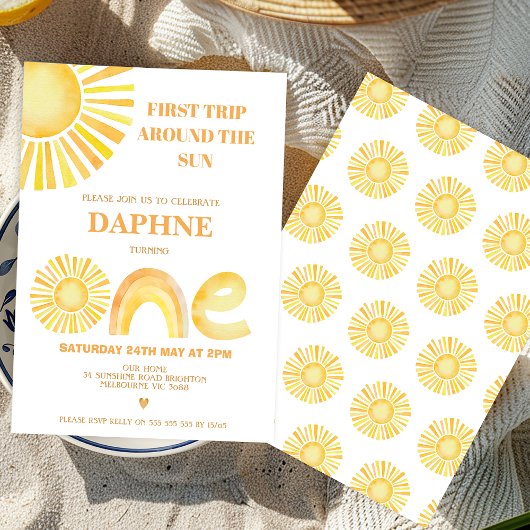 レトロイエローファーストのまわりにトリップザサン誕生日 招待状