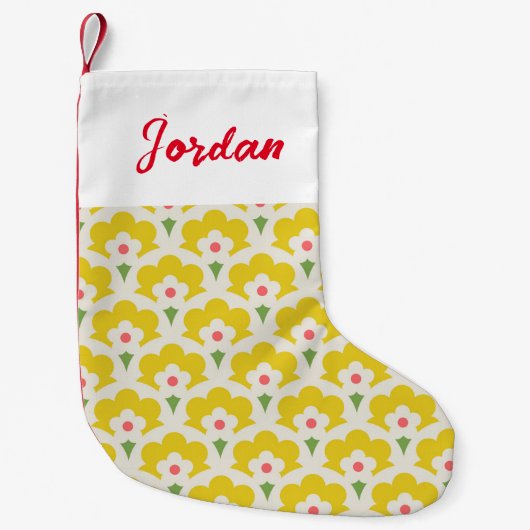 レトロイエローフラワーガーデンパターン スモールクリスマスストッキング (正面)