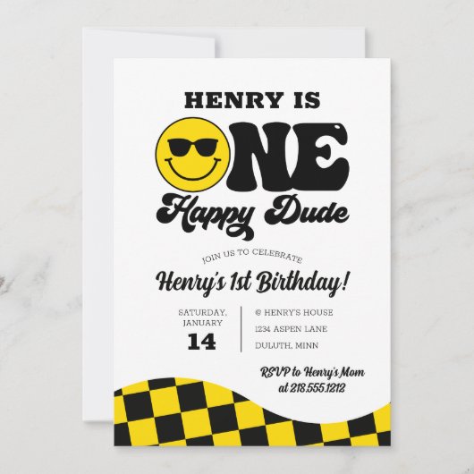 レトロイエローブラックワンハッピードダード1歳の誕生日 招待状 (正面)