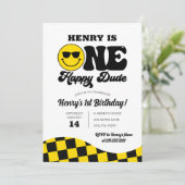 レトロイエローブラックワンハッピードダード1歳の誕生日 招待状 (スタンド正面)