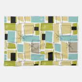 レトロイエローブルースクウェアスターバストミッドセンチュリー キッチンタオル (横)